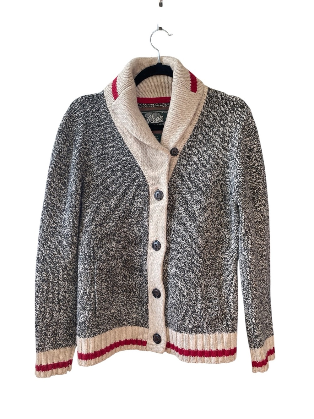 ROOTS Canada Cabin Wool Button Front Long Sleeve Shawl Cardigan Sweater L